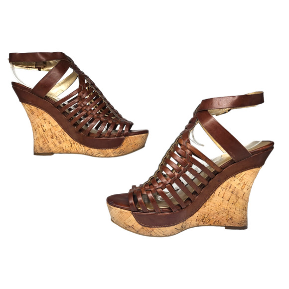 Guess Shoes 6.5 Y2k Vintage Brown Wedge Platform Gladiator Ankle Strap Heels - Picture 2 of 10